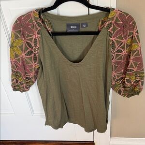 Maeve Olive Green Top with Patterned Sleeves